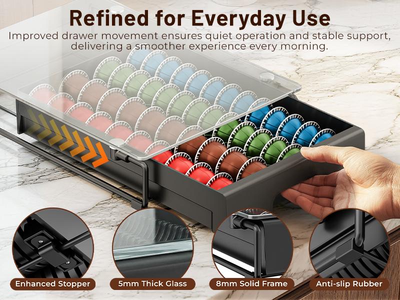 EVERIE Crystal Clear Tempered Glass Coffee Pod Drawer Durable Metal Frame Slide-out Organizer Holder Box Compatible With Nespresso Vertuo Capsules Holds 40 7.77 floz / 52 1.35 floz for Coffee Bar & Kitchen Countertop EVERIE Crystal Clear Tempered Glass Coffee Pod Drawer Durable Metal Frame Slide-out Organizer Holder Box Compatible With Nespresso Vertuo Capsules Holds 40 7.77 floz / 52 1.35 floz for Coffee Bar & Kitchen Countertop