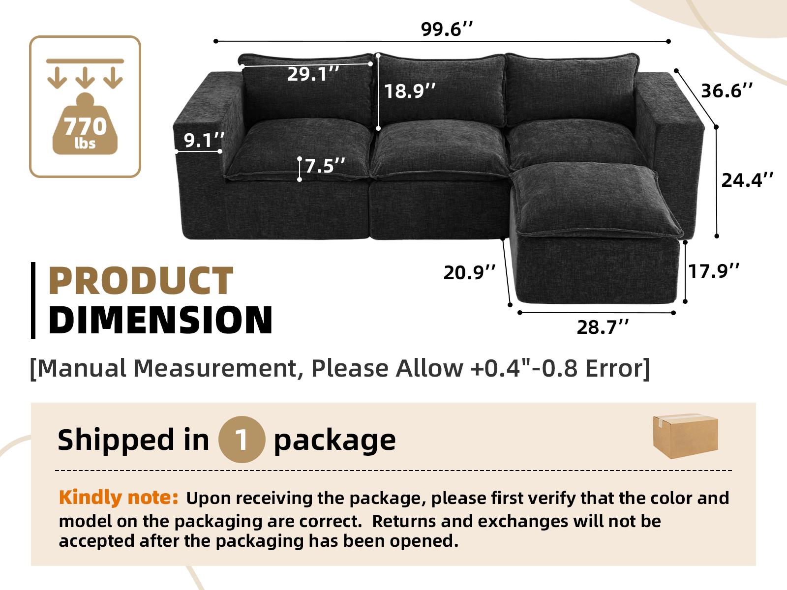 UDPATIO Boneless Couch with Chaise, Chenille Modular Sectional Boneless Sofa Big Comfy Couch with Removable Washable Cover couches for living room, Bedroom No Assembly SpringBreak