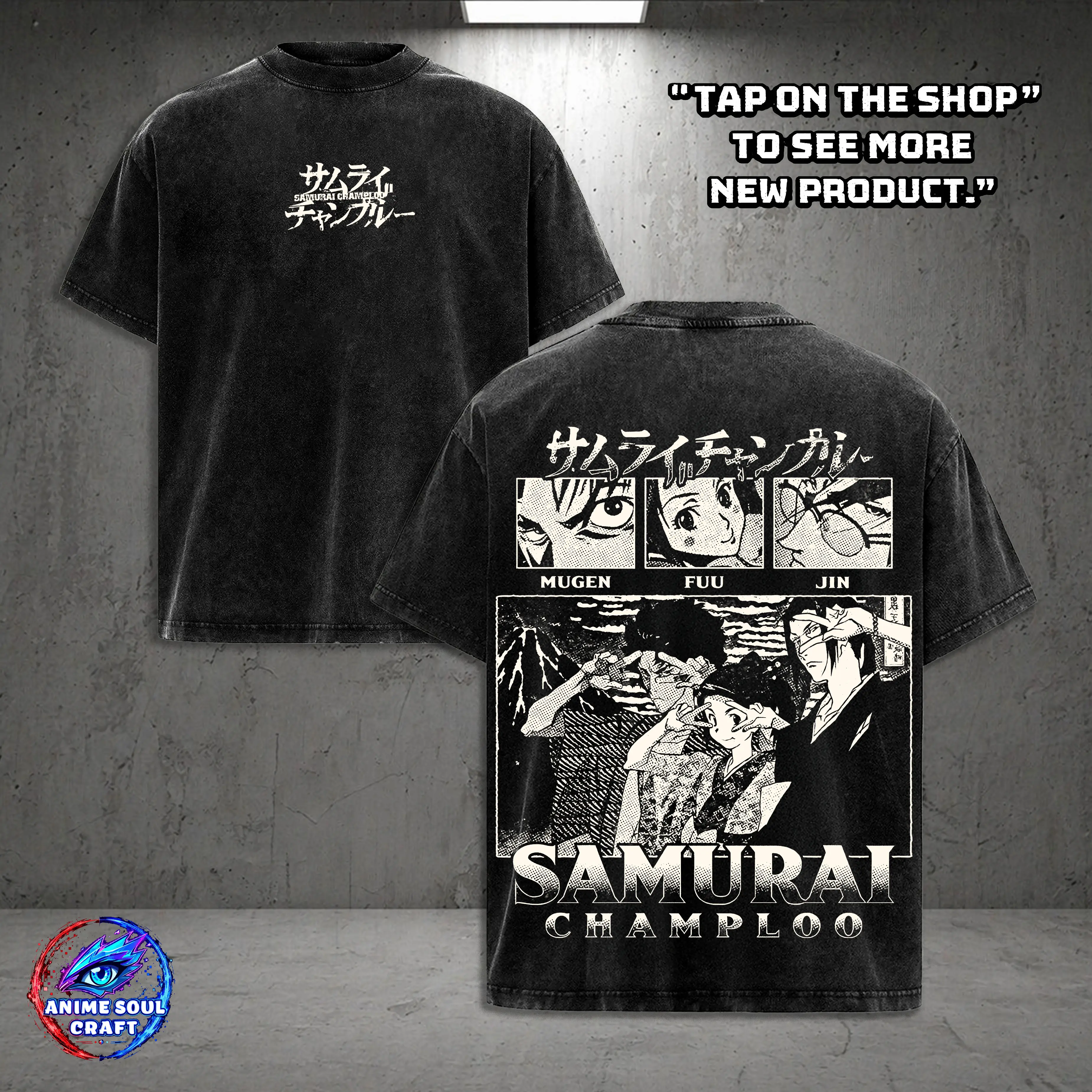 Samurai Champloo anime manga game Washed 2 sided printed graphic tees T-shirt Streetwear unisex vintage merch Fabric Top