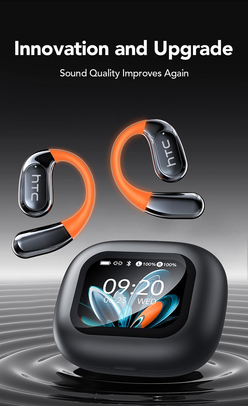 HTC NE27 Open-Ear True Wireless Bluetooth Headphones with Microphone, LED Display Earbuds with Earhooks, Sweat Resistant, 48HRS Playtime, Compatible with iPhone & Android, Black