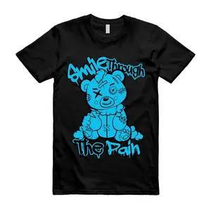Men's Unisex Classic Yarn Short-Sleeve T-Shirt - 11-12 Size, Gamma Blue Black Printed Design, Matching SMILE2, Perfect Fit