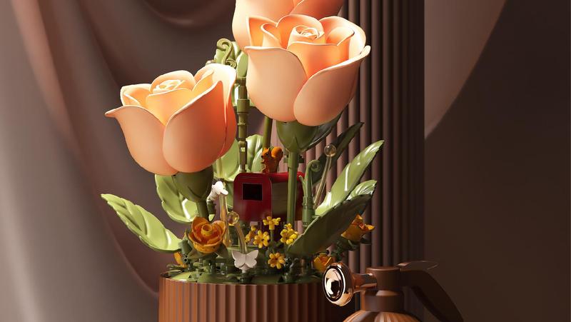 Dynamic Interactive Building Block Flower One Click Blooming Ambient Night Light Educational Assembly Desktop Ornament Perfect Gift(Building block style, requires assembly)