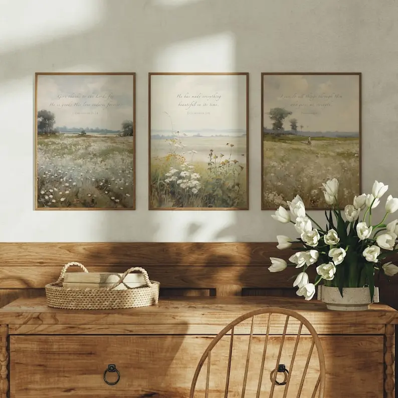 Wildflower Bible Verse Wall Art Collection: Vintage Floral Scripture Print Set (Unframed)