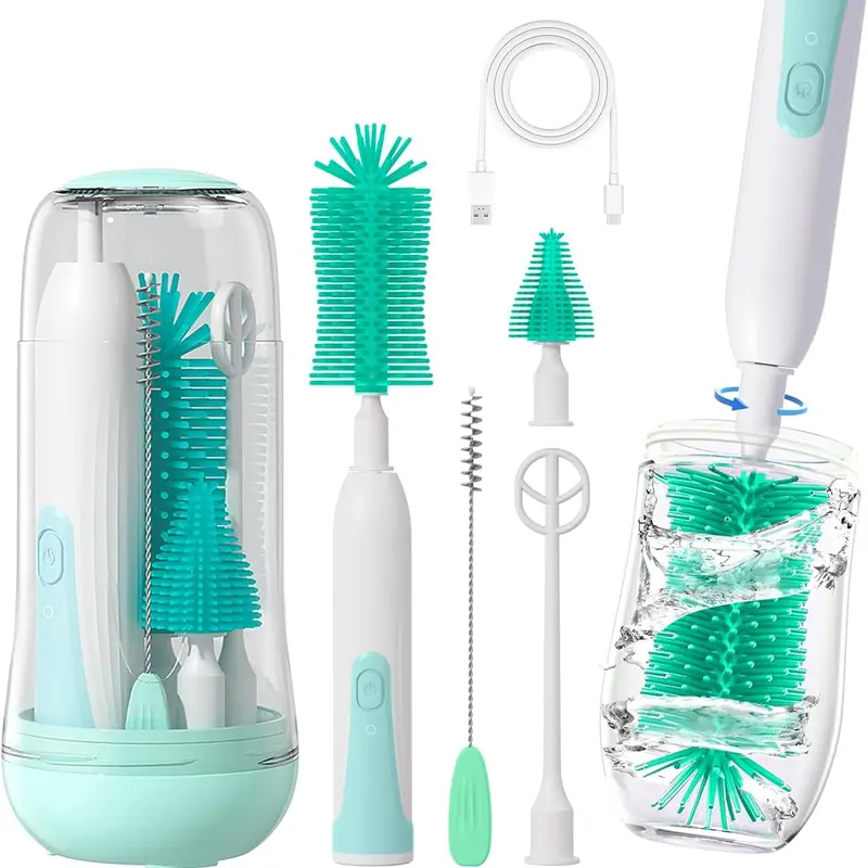 6-Pack BPA-Free Carcinogen-Free Portable Baby Bottle and Straw Brush Cleaning Set - 360° Rotation, IPX7 Waterproof, Quick-Clean, Nipple Brush, Drying Drainage Rack, Charging Port for Newborns