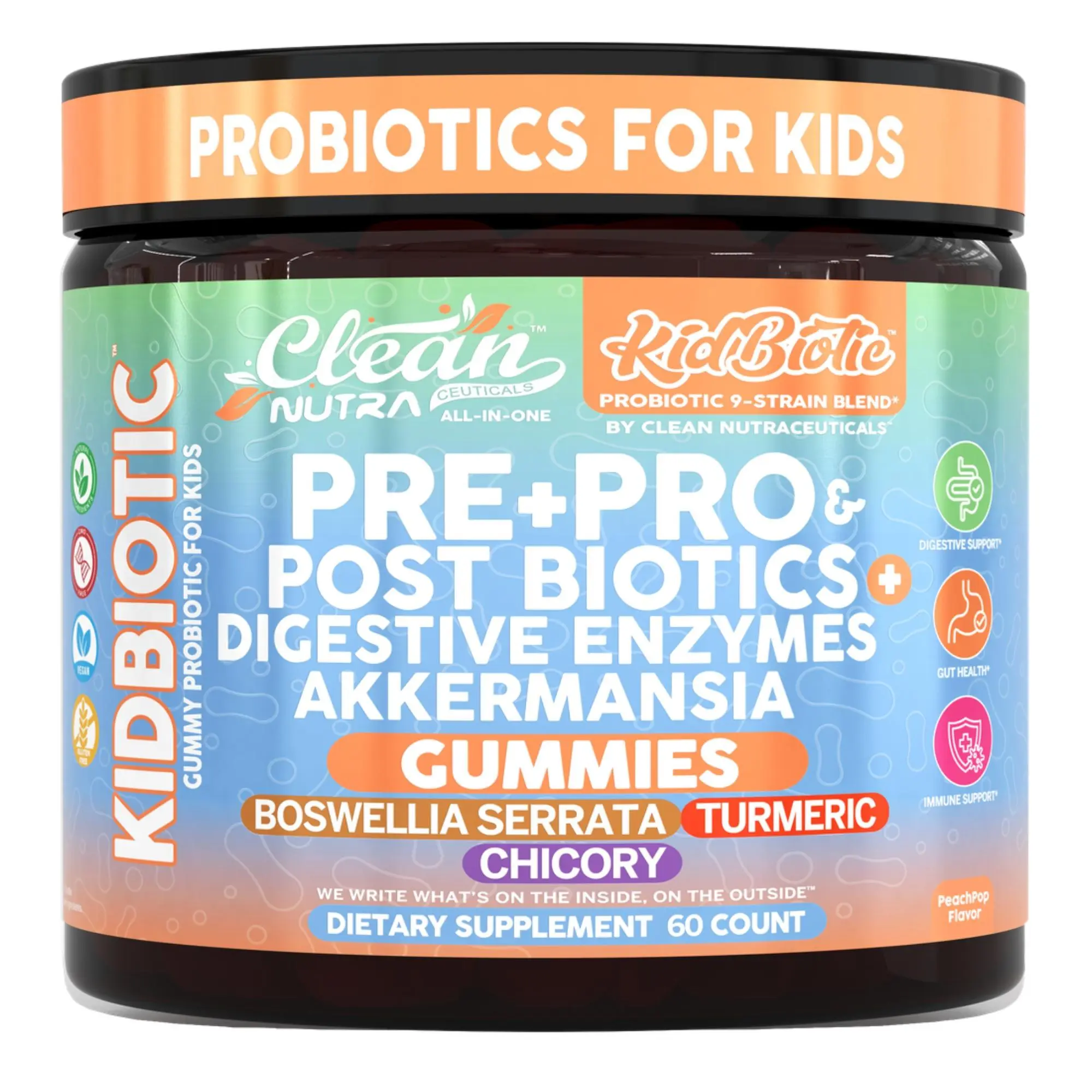 Clean Nutra Kids Probiotic Prebiotic Gummies Pre + Pro + Postbiotic Support, Digestive Enzymes & Turmeric for Kids - KidBiotic