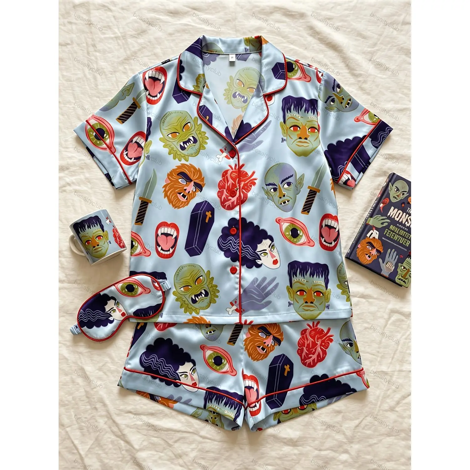2-Piece Women’s Luxury Satin Loungewear Set, Vintage Horror Novel Cover Print, Short-Sleeve Button-Down Lapel Top and Shorts, Premium Vibrant Printing, Artistic Sleepwear, Halloween Gift, Literary Vintage Style
