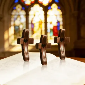 Religious Easter Gifts for Men Women, 3-Pack Wooden Cross Fidget Toys Handcrafted Walnut, Pocket Prayer Crosses for Stress Relief, Encouragement Faith Gifts for Christian Communion Baptism