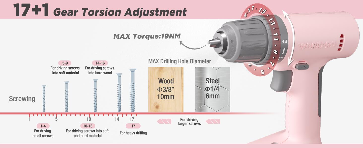 #SpringGlowUp WORKPRO Pink Cordless Drill Driver Set, 12V Electric Power Drill Tool Kit with 6 Pcs Bits, 3/8-Inch Keyless Chuck, Variable Speed, 18 Touque Setting, Type-C Charge Cable, Led Light, Pink Ribbon