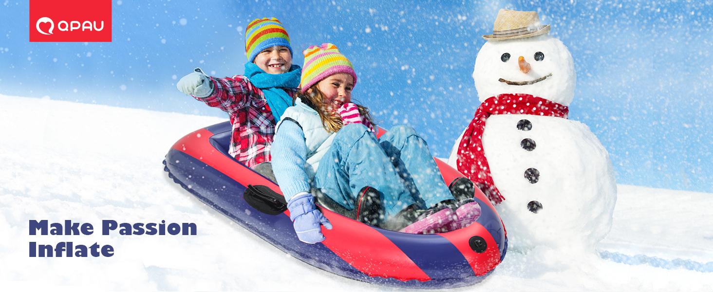QPAU Inflatable Snow Sled Heavy Duty Snow Tube with Reinforced Handles for Kids and Adults 48.5 Inch Winter Toys Gifts Toboggan for Family Outdoor Sledding