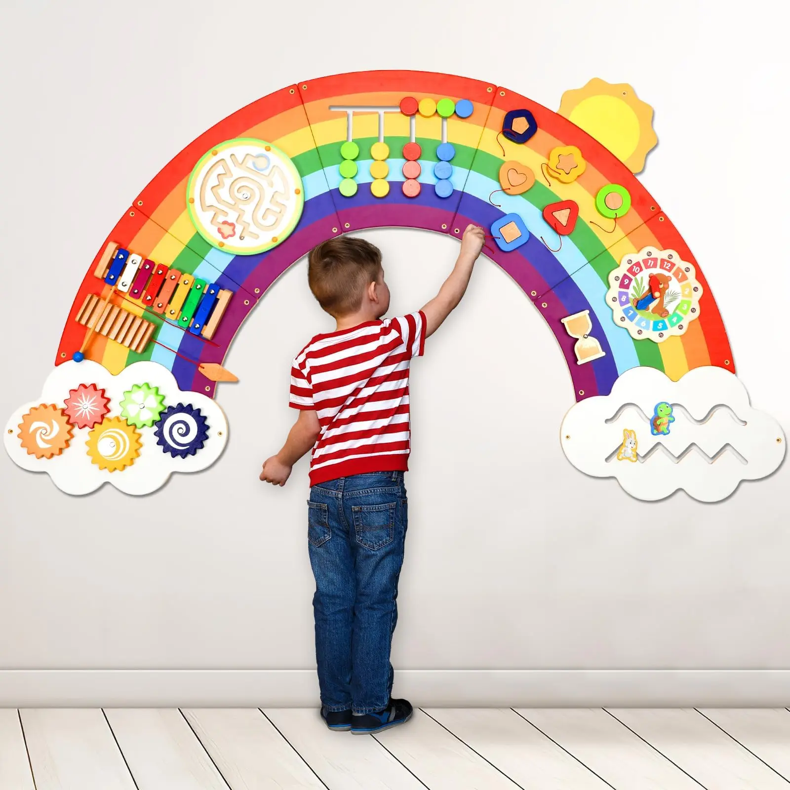 GISGFIM 5ft (150cm) Wooden Pastel Rainbow Clouds Activity Wall Panel - Montessori Sensory Busy Board Learning Tool, Indoor 1-3 Years Preschool Educational Supplies, Toddler Daycare Decor Gift, Preschool Learning Materials