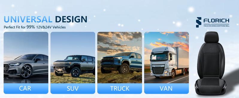 Florich 12V/24V Cooling Car Seat Cushion - Ice Cooling Gel Pad w/ 3 Speed Fans - Universal Fit for Car/Truck/SUV - Summer Cooler Seat Cover - Ventilated Back Support - (Black  Cushion and Back Cushion)