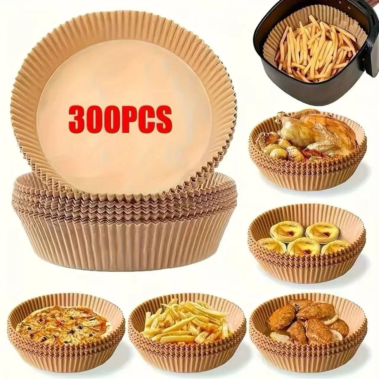 7.9-in Round Nonstick Parchment Air Fryer Pads (300 Count) - Unbleached, Oil-Resistant Essential Bakeware, Nonstick Baking Paper, Parchment Paper Baking Tools for Healthy Cooking, Microwave Use