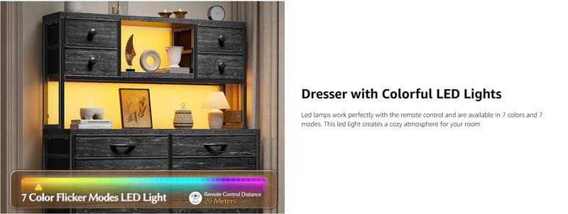 RaybeeFurniture Dresser with 14 Fabric Drawers,Tall Dresser for Bedroom with Charging Station and LED Lights,Dressers & Chests of Drawers for Bedroom, Steel Frame & Wooden Top for Closet, Entryway