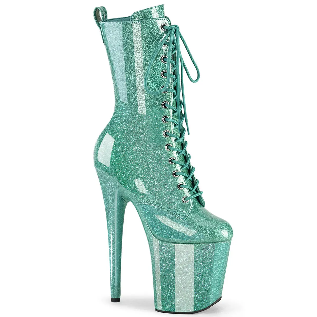 Pleaser Women's Flamingo Blue Glitter Platform Ankle Boots, 8" Stiletto Heel Statement Shoes with a Lace-Up Front & Side Zip, Boot Heels, Footwear