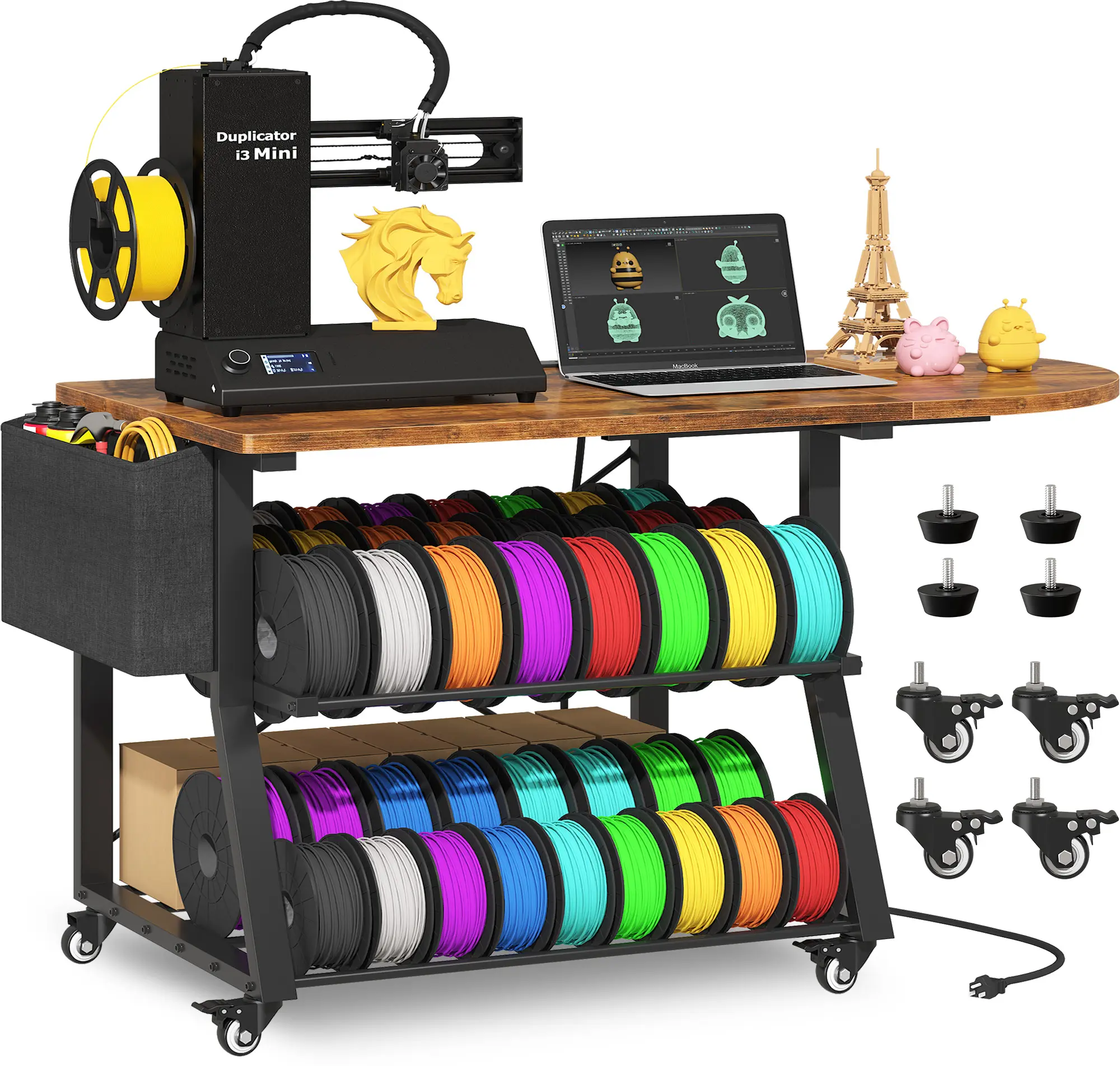 NIVISRE Industrial 3-Tier Rolling 3D Printer Workbench with Foldable Rectangular Portable Desktop, Fabric Drawer, Built-In Power Outlet, X-Brace Stability, Rolling Wheels for Home - Commercial Office Furniture Portable Desktop Platforms & Stands