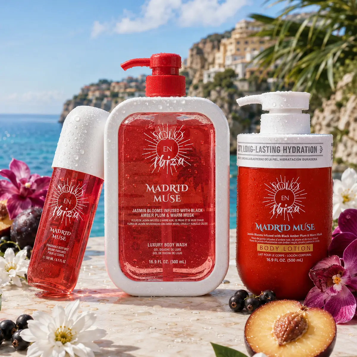 SOLO EN IBIZA Madrid Muse 3-Piece Bath & Body Layering Set, 6.1 fl oz (180ml) Fragrance Mist & 16.9 fl oz (500ml) Body Lotion & 16.9 fl oz (500ml) Body Wash, Long-Lasting Plum & Vanilla Scent