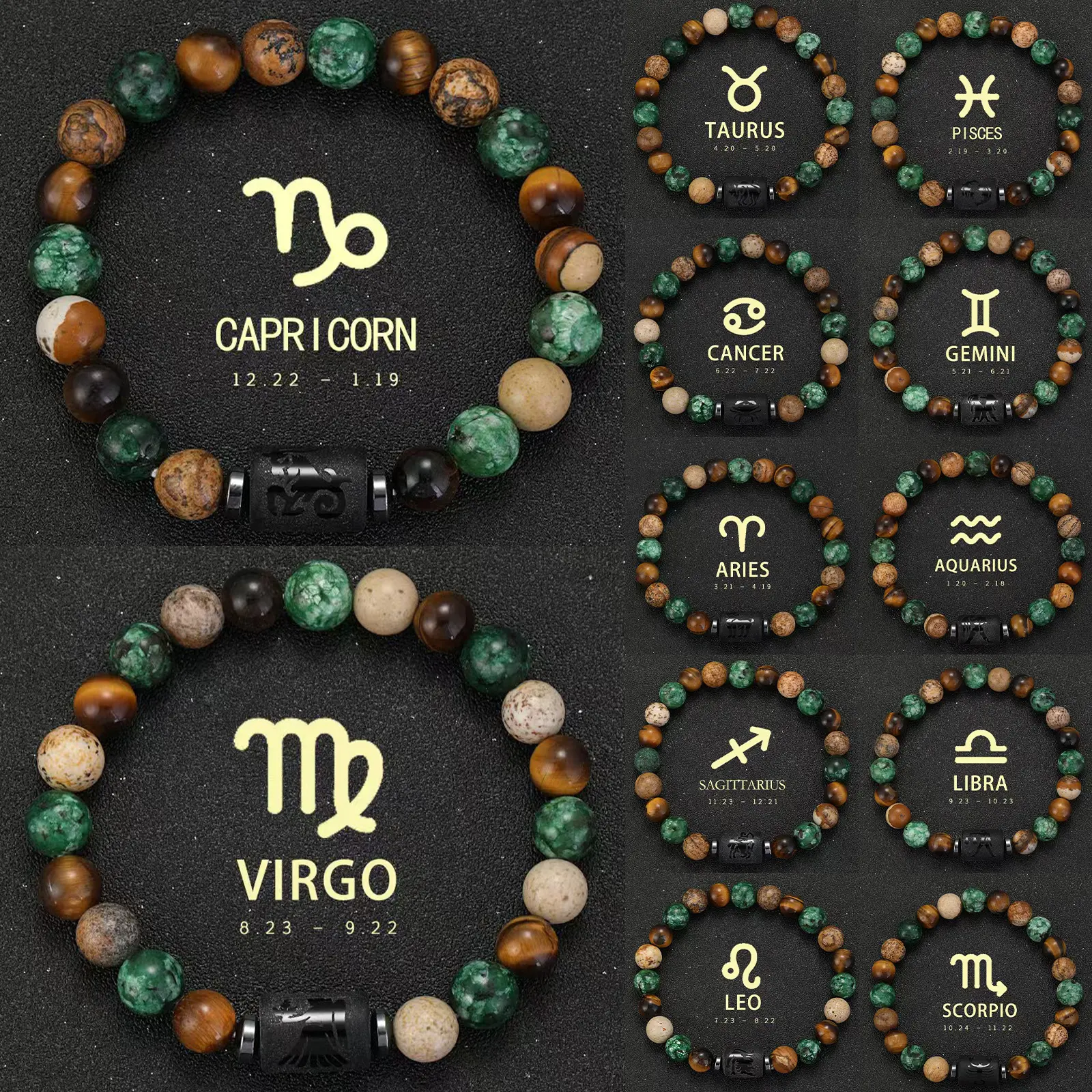 12 Zodiac Mixed Natural Stone Stretch Bracelet, Earthy Brown Green Protection Stone, Grounding Spiritual Energy Jewelry, Boho Unisex Birthday Gift for Friends & Family
