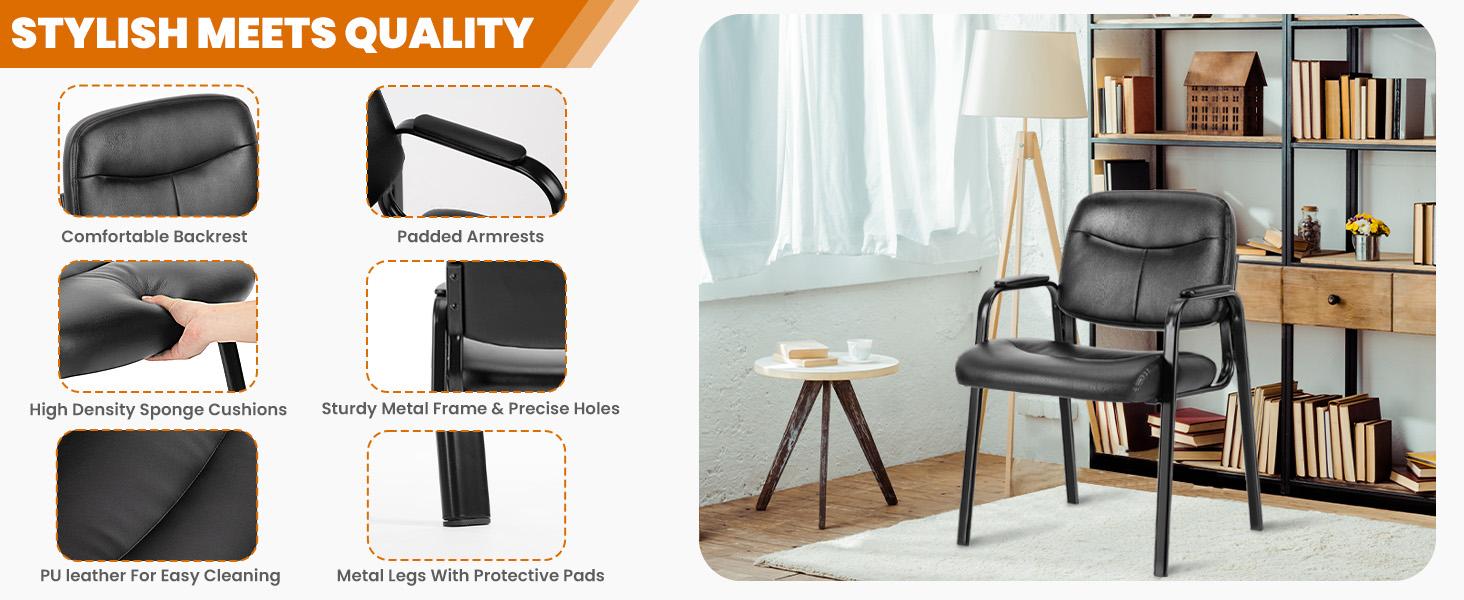 Waiting Room Chair Reception Chair Office Guest Chair, Conference Room Chair Lobby Chair with Padded Arms, Desk Chair No Wheels Leather Office Chair