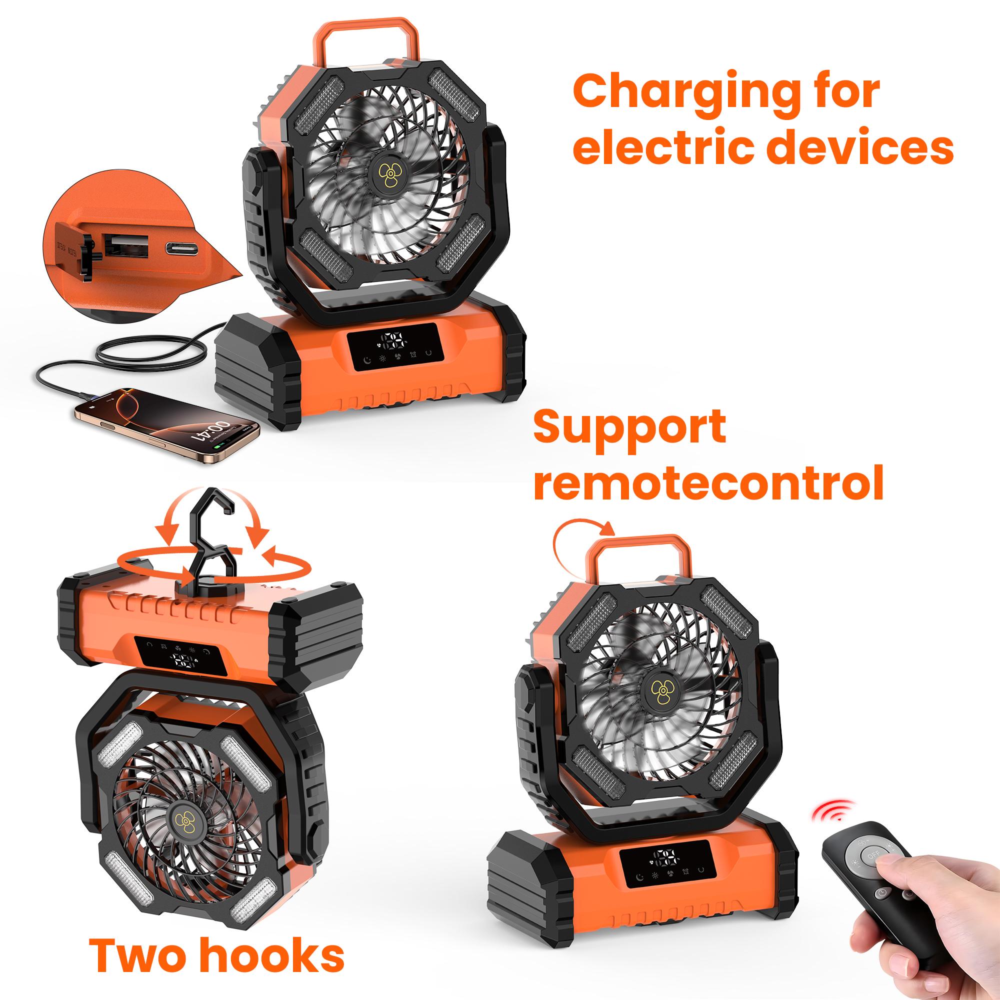 Featwell Portable Camping Fan Rechargeable 20000mAh Battery Operated with LED Lantern 5 Wind Speeds 4 Timer Modes Ideal for Picnics Fishing RVs Workplaces Power Outages Hurricanes