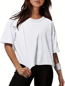 Women's Comfy Basic Workout Gym Short Sleeve Crop Tops, soft and breathable fabric for intense gym sessions, oversized boxy fit with raw-edge seaming