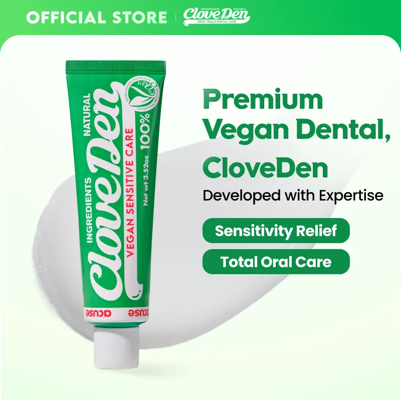 CloveDen Herbal Sensitive Teeth Oral Toothpaste - Fast Relief with Potassium Nitrate & Hydroxyapatite, Gentle Daily Enamel Repair, Remineralization, Anti-Cavity Fluoride, SLS-Free Vegan, Soothing Clove Mint, 3.52oz/100g