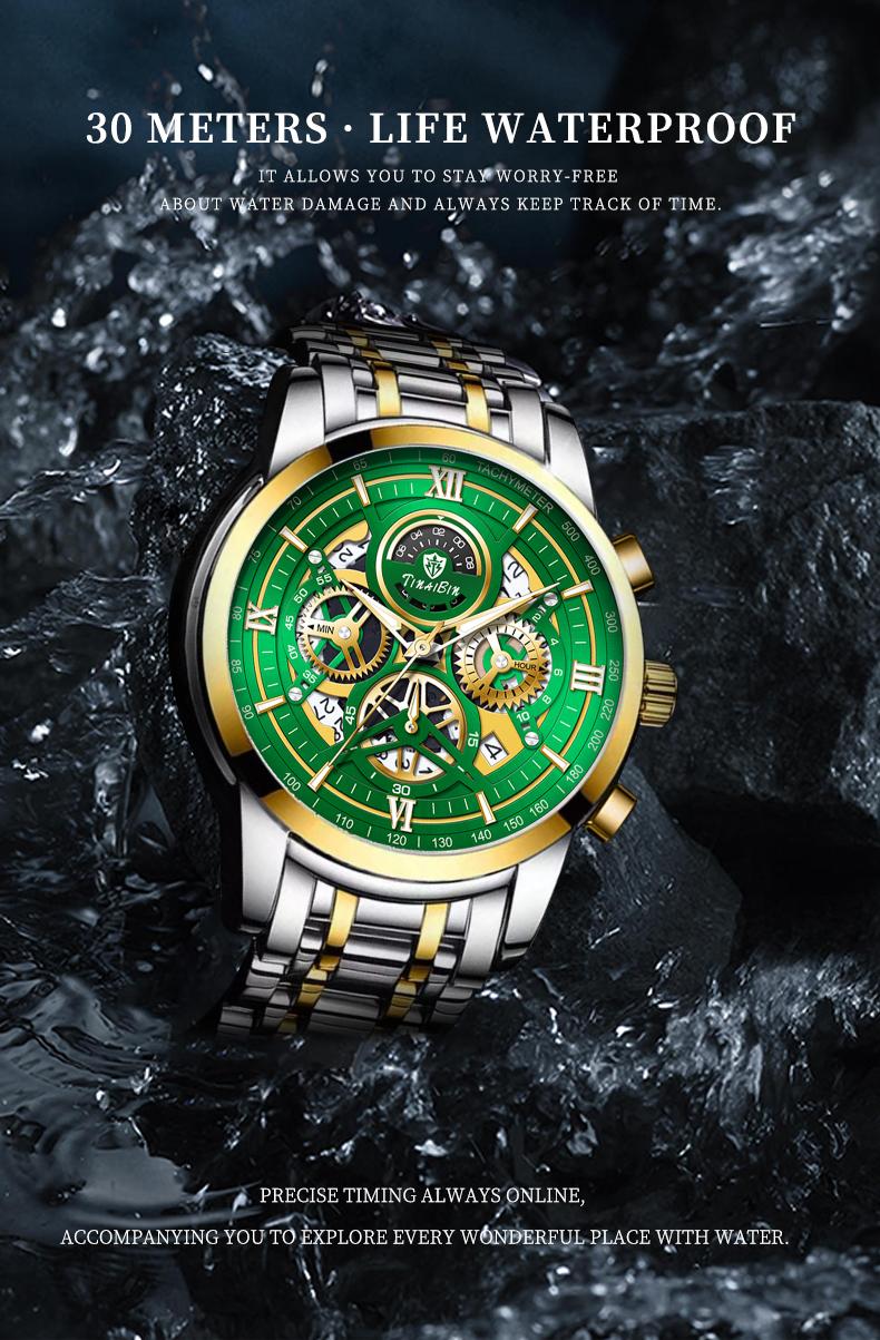 The  men's business fashion watch features an analog quartz movement with a Swiss original core, offering chronograph functionality, luminous display capabilities, and water resistance. Suitable for parties and everyday wear, it also makes an idea