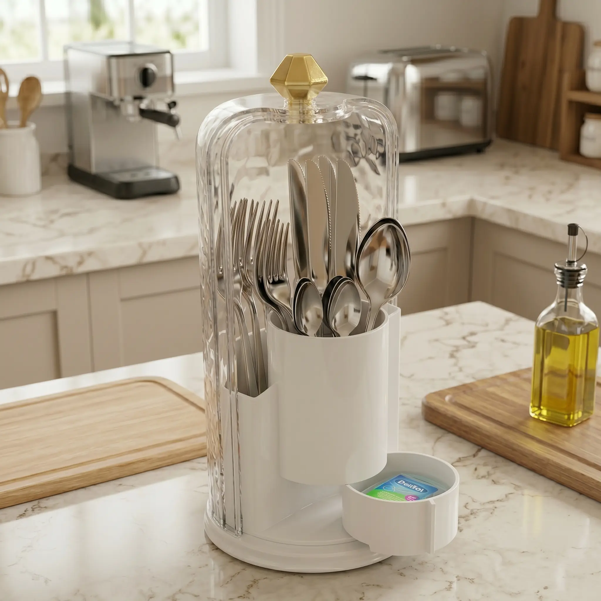 Upgrade Utensil Holder with Lid 360 Rotating Clear Dustproof Organizer for Kitchen Countertop, Elegant Modern Storage for Knives & Tableware