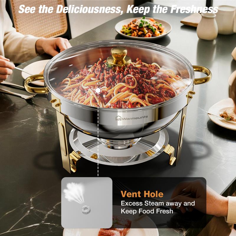 WARMOUNTS 5QT Gold Chafing Dishes for Buffet with Glass Lid , Round Chafers and Buffet Warmers Set with Mirror-Polished Stainless Steel, Rolled Rim, Stackable, Lid Holder for Parties, Weddings (2/4/6 Pack）