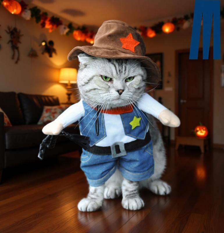 【Pet Supplies】Generic Cowboy Dog Cat Costume with Hat for Halloween Christmas Birthday Events Funny Pet Outfit for Kittens Puppies Size S Easy Wear Party Fun
