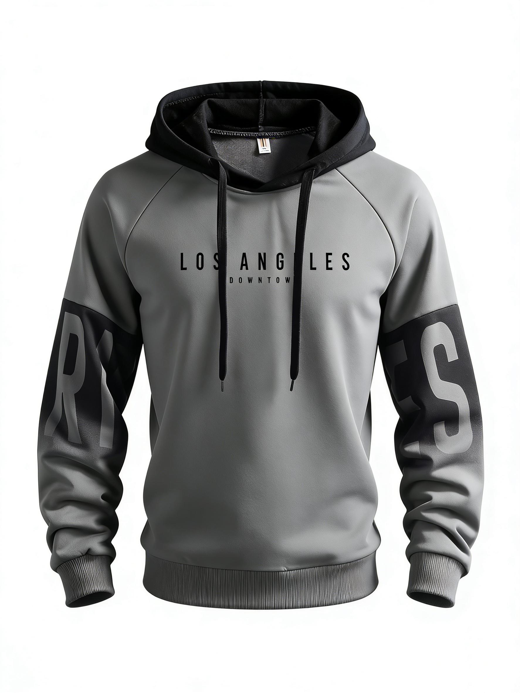 Men's Los Angeles Downtown Pattern Hoodie | Black and Gray Colorblock Pullover, Contrast Color Hood, Long Sleeve Letter Print, Soft Casual Sweatshirt, Suitable for Everyday, Street, Travel Wear