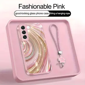 Luxury Rose Gold Swirl Phone Case with Flower Lanyard, Glitter Pink Art Aesthetic Cover for Galaxy S22 5G ---975