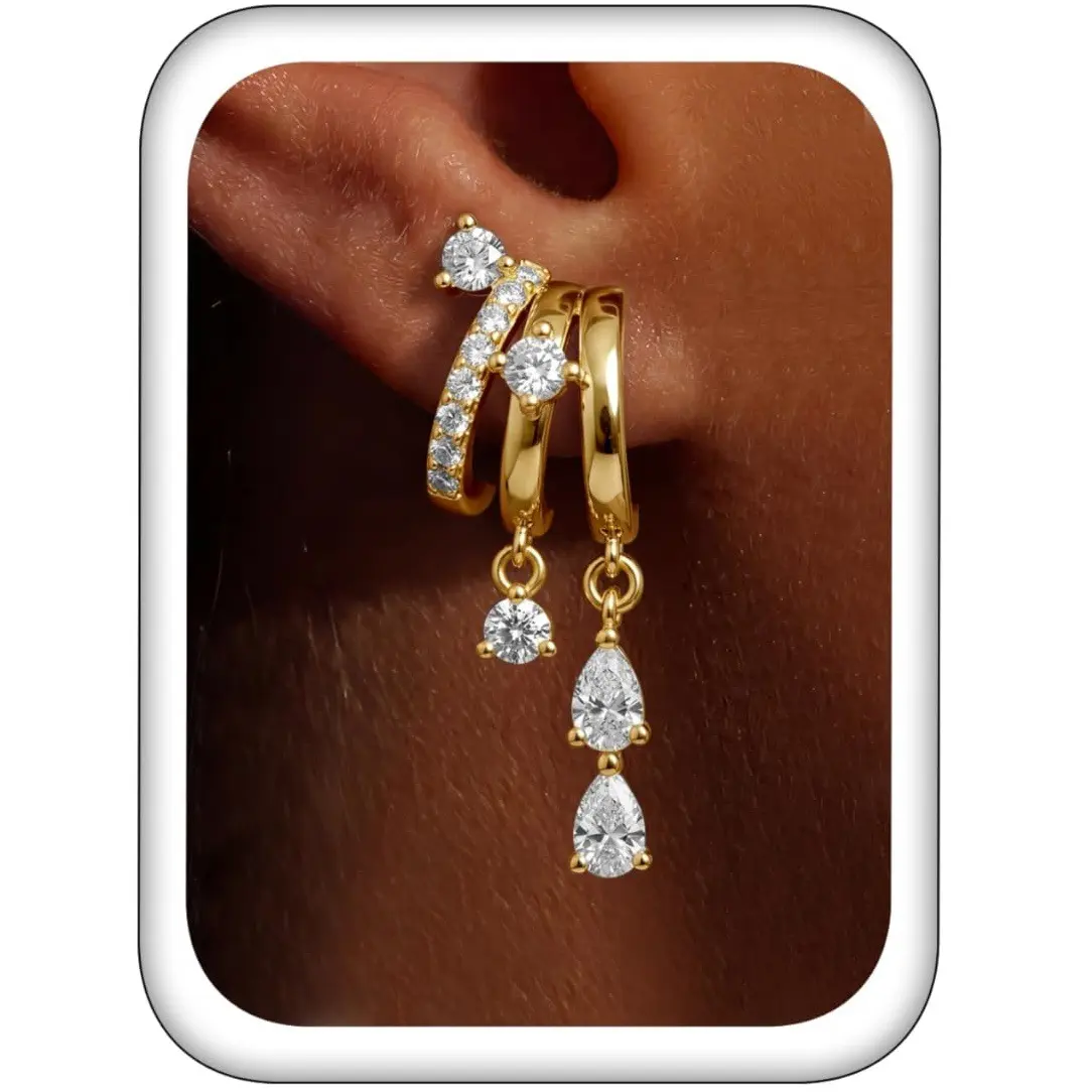 Triple Huggie Stacked Earrings for Women Gold Tear Drop Dangle Earrings Cute Statement CZ Earrings Perfect Gift All-Day Wear Trendy Dainty Jewelry Gift