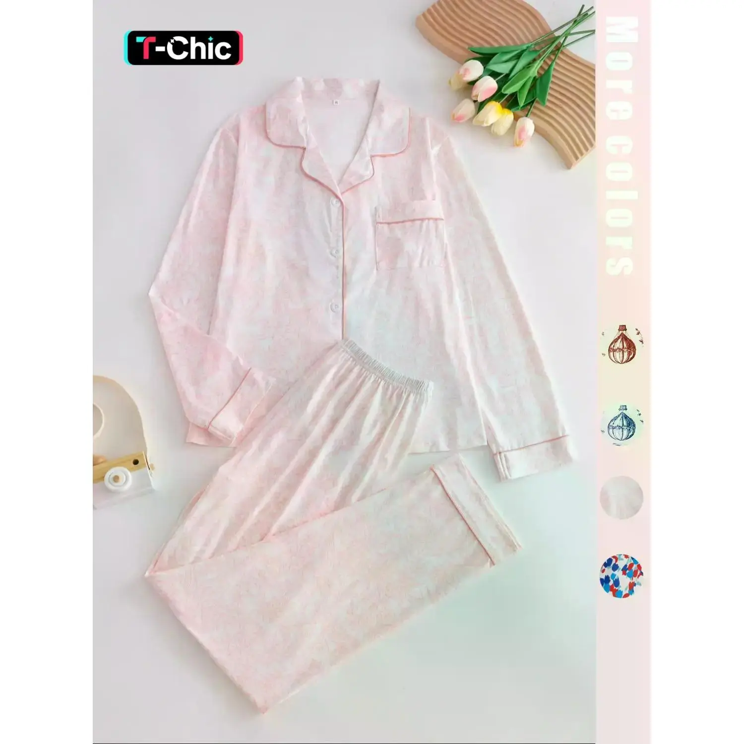 Two-piece pink ladies' pajama set with full-color prints. Button-front collar shirt and elastic waist pants pajama. Casual and comfortable collar long-sleeved top and long pants pajama set. Ladies' pajamas for spring and autumn Loungewear.