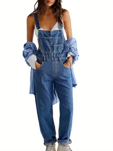 Women Denim Jumpsuit Women Solid Color Sleeveless High Waist Romper Pants Jeans Jumpsuit Bib Overalls with Pockets Streetwear