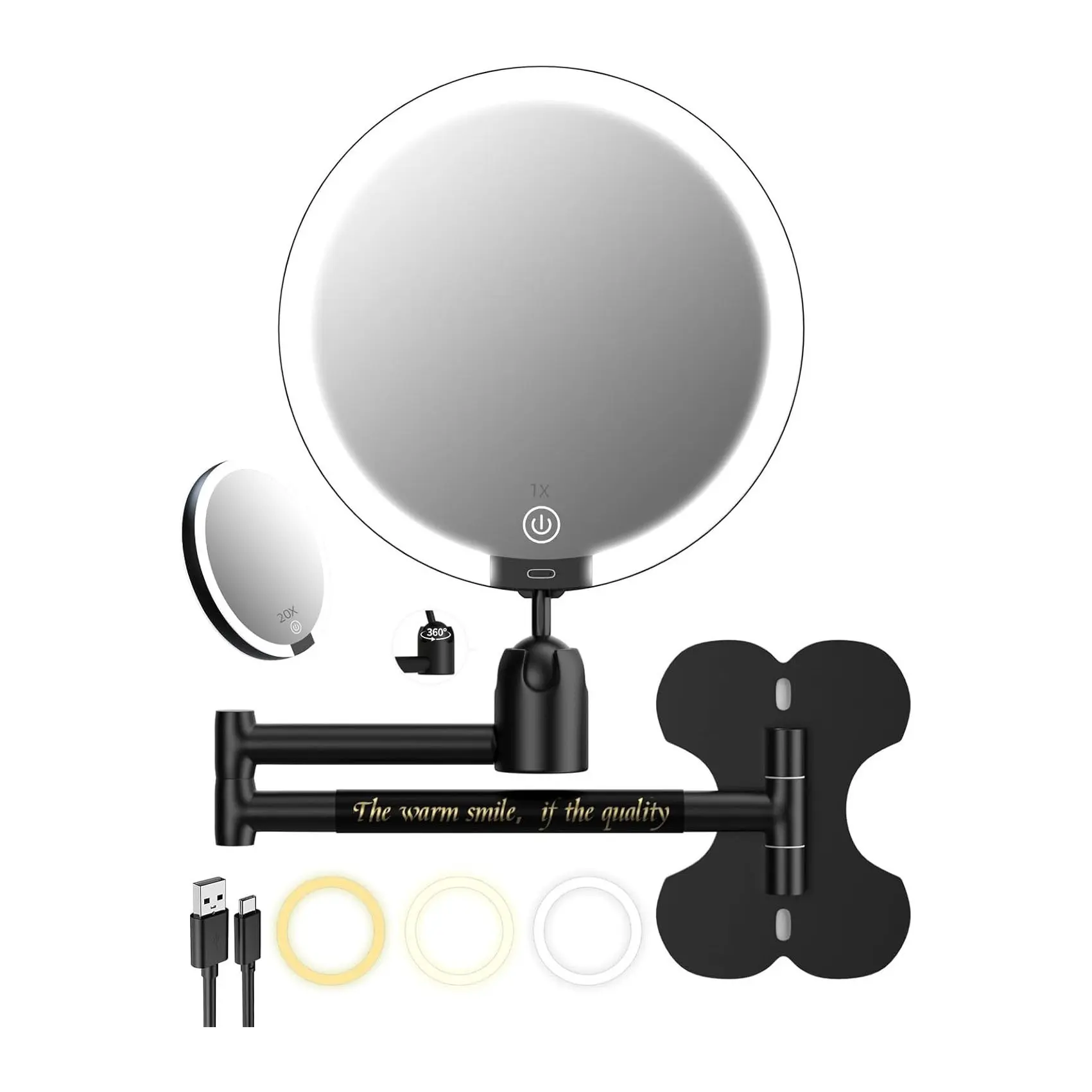 Wall-Mounted LED Makeup Mirror, 6-Inch 1x/30x Magnification, Adjustable 3-Color Lights, Touch Control, USB Charging, No Drilling Needed
