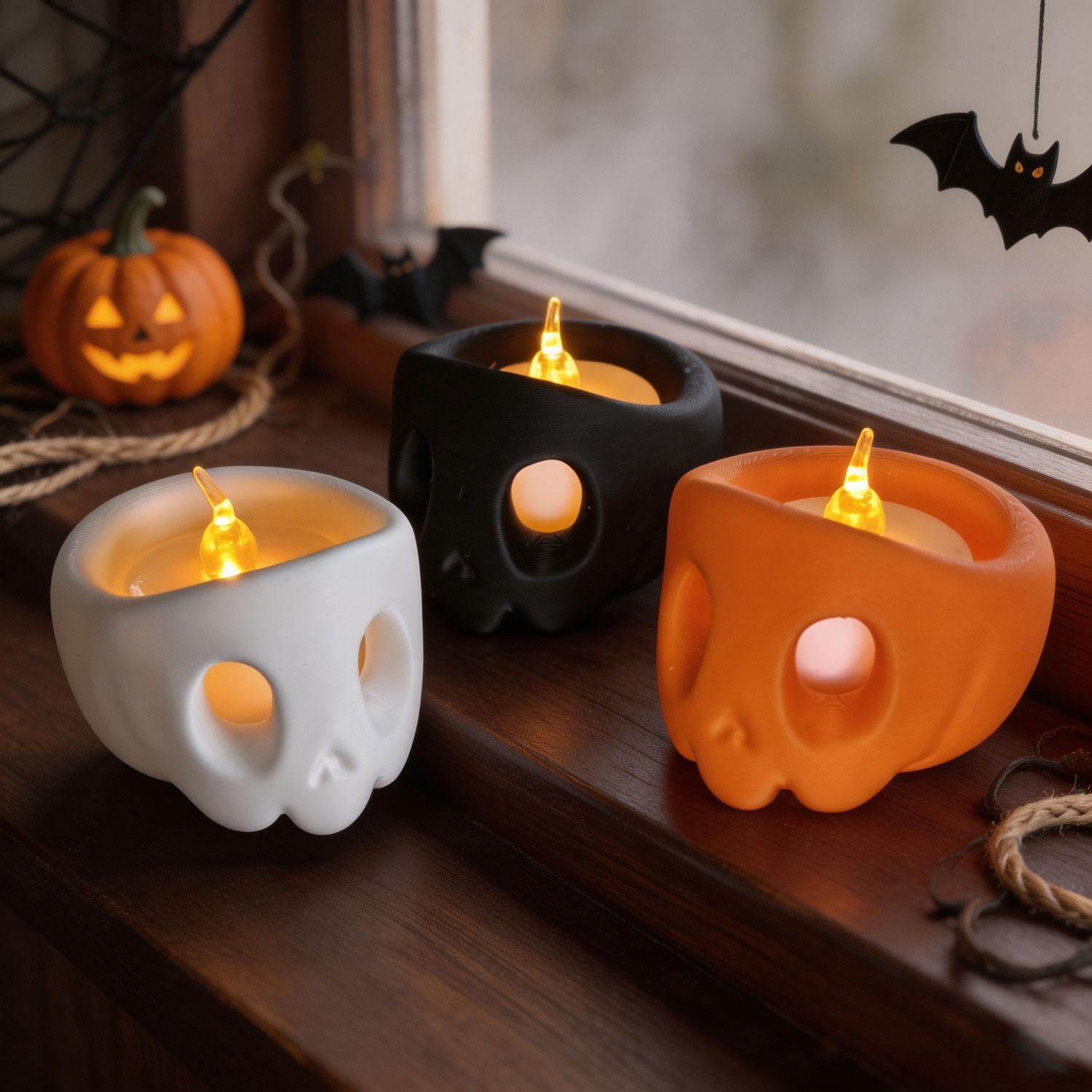 3D Printed Skull Tealight Candle Holder Set, Halloween Spooky Skeleton Candle Holders, Gothic Home Table Decor for Halloween Party Decoration