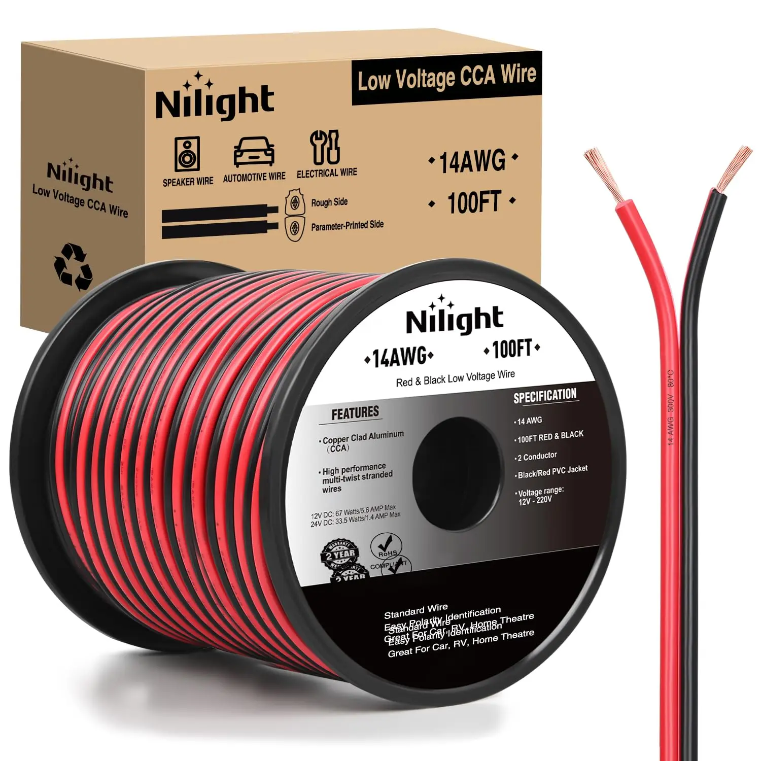 Nilight Wired Red-Black Wires, 100FT 14AWG Flexible Plastic Strip 14/2 Gauge CCA 2-Conductor Parallel Cable, 12V/24V DC Low Voltage Extension Cord for Car Audio Radio Speaker Connection,car accessories