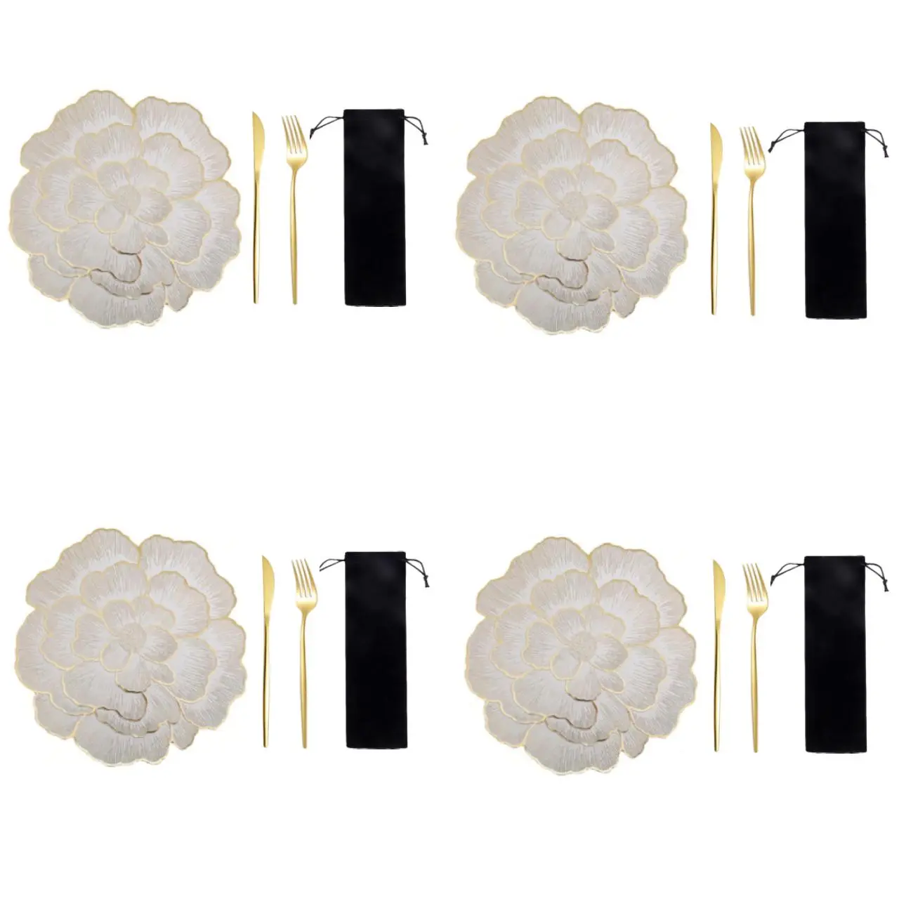4-pcs PVC floral placemat set, 15 inch gold dining table placemat, equipped with stainless steel cutlery and storage bag, easy to clean, reusable, suitable for weddings, banquets, birthdays, parties, restaurants