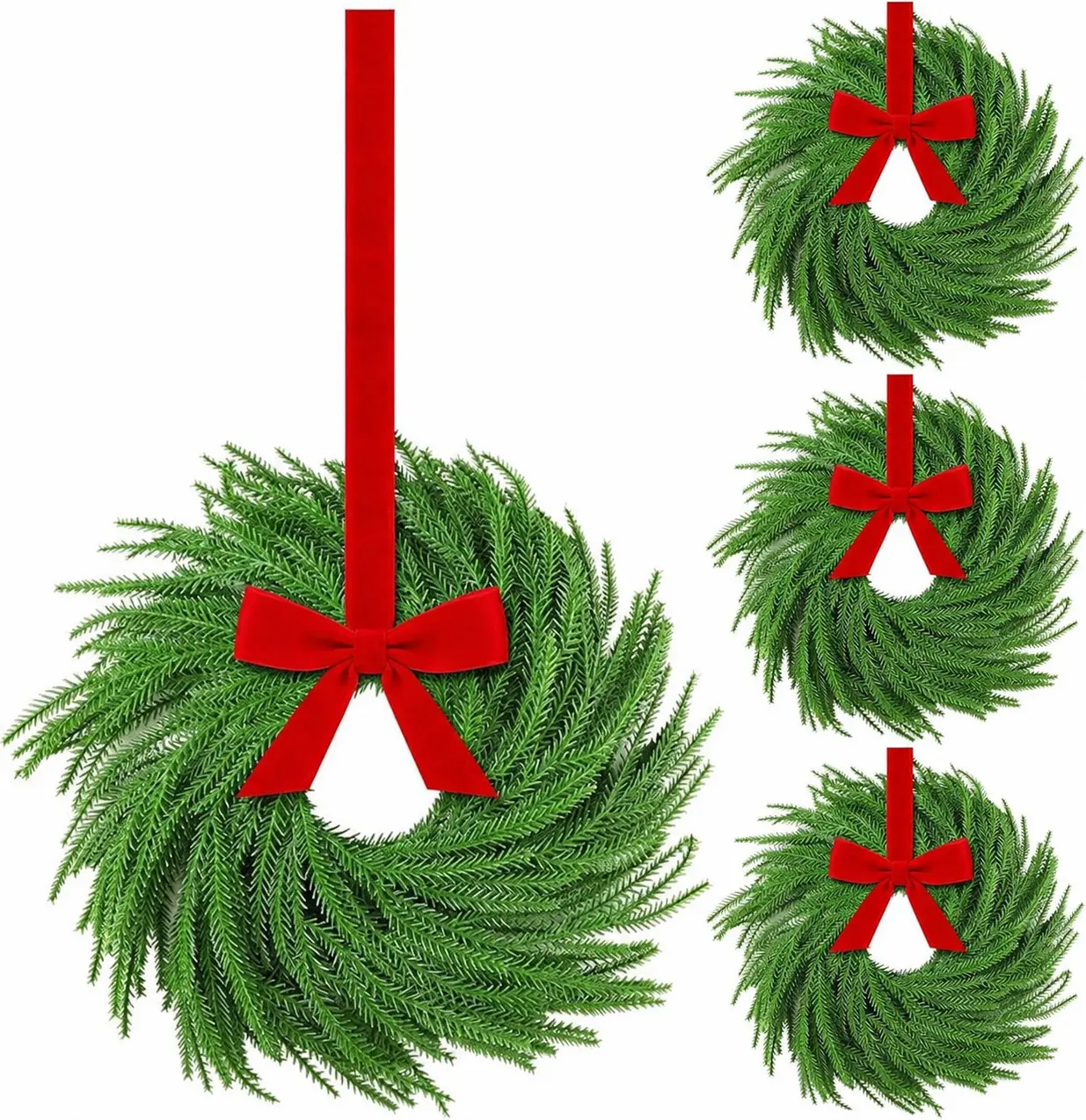 Bulk Mini Artificial Norfolk Farmhouse Christmas Wreaths with Red Bow, Berry & Pine Cone - Home Festive Decoration Ornaments for Cabinet, Kitchen Window, Fireplace Hanging