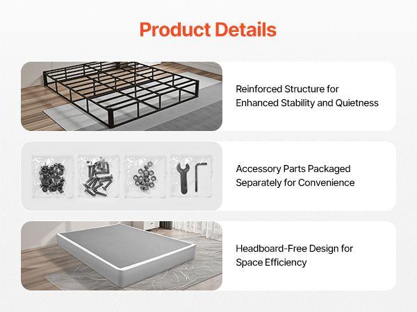 VEVOR Box Spring, Queen Size Bed Frame with Washable Fabric Cloth, Heavy Duty Metal Frame for Queen Bed, 9 in Mattress Foundation, 3500 lbs Max Weight Capacity, Easy Assembly, 79.1L x 59.6W x 9.1H in