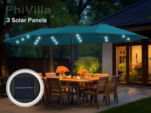 [15ft Extra Large] PHI VILLA Double-Sided Patio Umbrella with Crank & LED Lights - Large Steel Frame, UV Protection, Metal Base Included, Modern Decorative Lighting