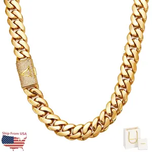 14mm Miami Cuban Link Necklace Initial Letter A-Z Stainless Steel Solid Necklace for Mens Womens Hip Hop Jewelry 20/24/30in With Gift Bag