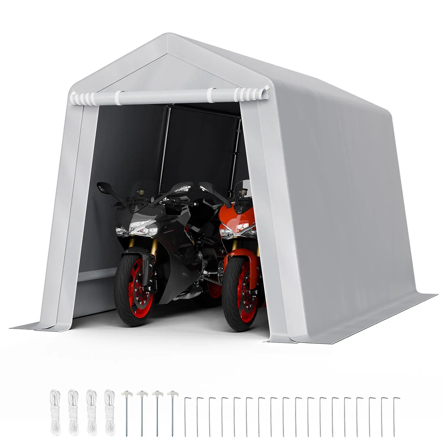 VEVOR 7x12 ft Outdoor Storage Shed, Portable Motorcycle Shelter with Corrosion-Resistant Steel Frame & Waterproof Double-Layer PE Canopy, Tool-Free Setup for Gardens & Backyards, Galvanized Steel, Double-Sided Coated Canopy, Enclosed Canopy Tents