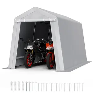 【fathersdaygift】VEVOR Outdoor Storage Shed, 7 x 12 ft Portable Storage Tent with Roll-up Door, Waterproof Canopy Shed Shelter, Heavy Duty Frame, Patio Garage Carport for Motorcycle, Lawn Mower, Bike, Grey