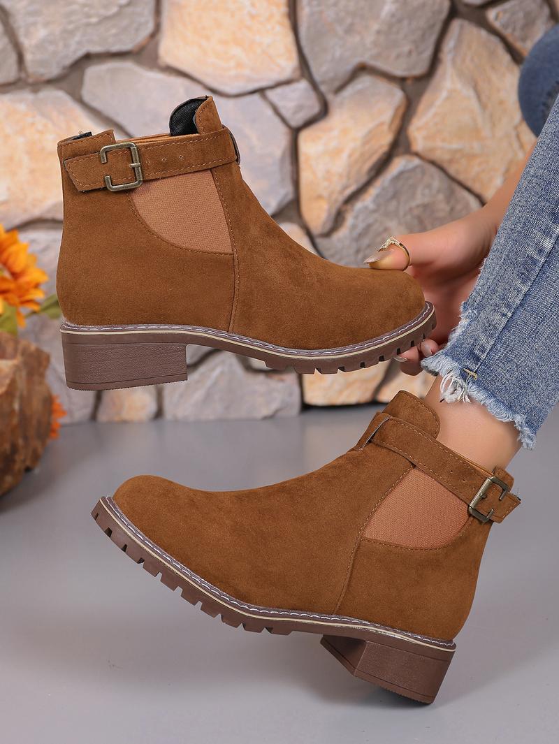 Women's buckle thick low heel anti slip thick sole fashionable ankle boots - round headed solid color short boots, suitable for winter and autumn, casual and formal wear