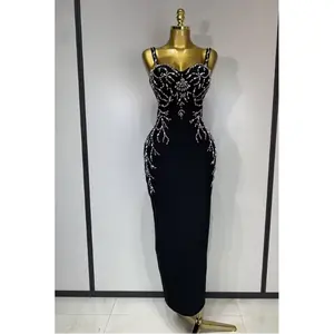 Sasha Sexy V Neck Black Beading Maxi Long Bodycon Bandage Dress