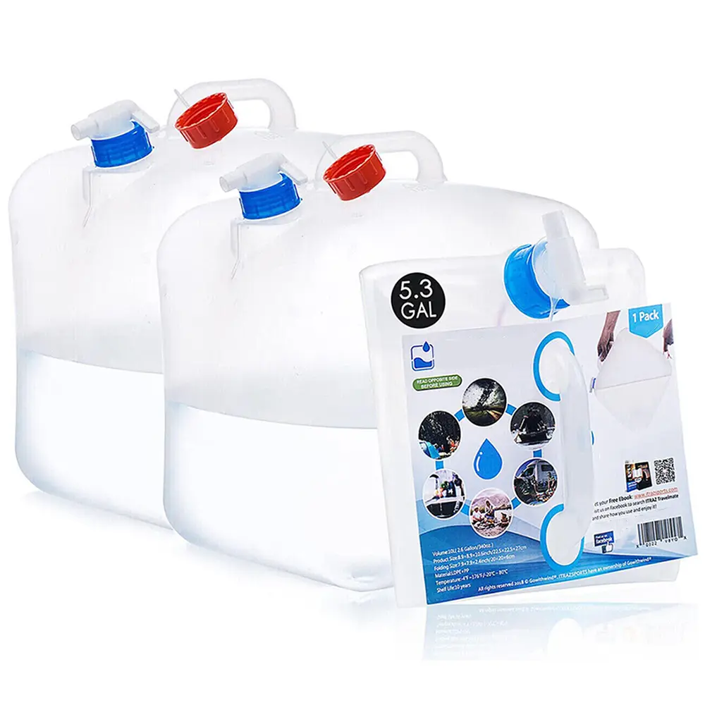 2-Pack Food-Grade LDPE4 Foldable Jug with Leakproof Spout, 5.3 Gal Reusable Travel Water Bottle, Portable Camping Hiking Sports Essential Father's Day Gift