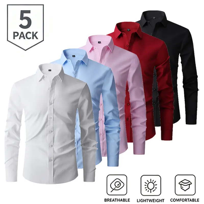 5-Pack Men’s Slim Fit Long Sleeve Dress Shirts, Lightweight & Breathable Solid Color, Wrinkle-Free for Business Commuting, Multiple Colors Available