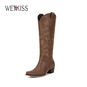 Wetkiss Cowboy Boots for Women Knee High Boots Square Toe Cowgirl Boots with Side Zipper Chunky Heel Western Boots Women Retro Vintage Floral Embroidered Tall Cowboy Boots #TikTokShopSpringGlowUp #greenish