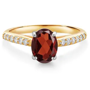 Gem Stone King 10K Yellow and White Gold Red Garnet and White Lab Grown Diamond Engagement Ring For Women (1.68 Cttw, Oval 8X6MM, Gemstone January Birthstone)